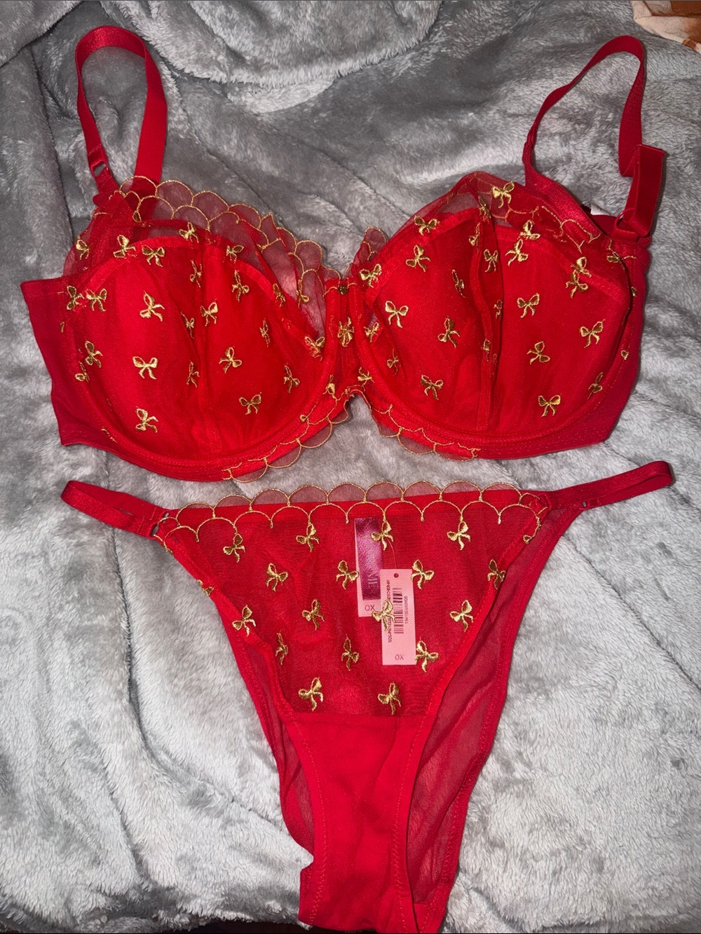 Adore Me Red Embroidered Bra & Thong Set